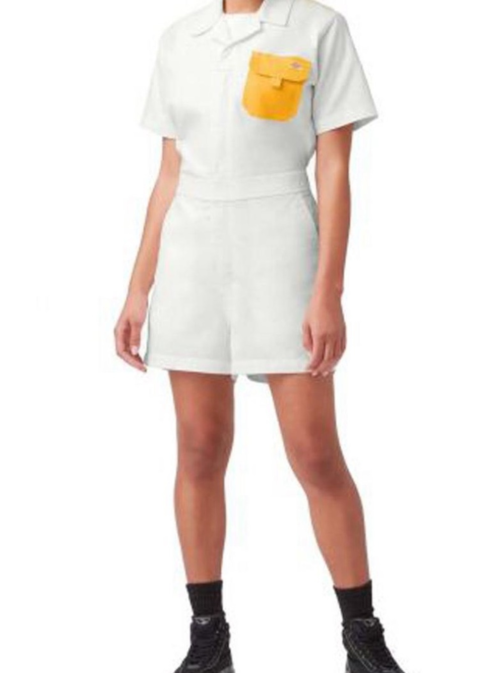 Dickies Ivory Short-Sleeve Utility Romper with Orange Chest Pocket